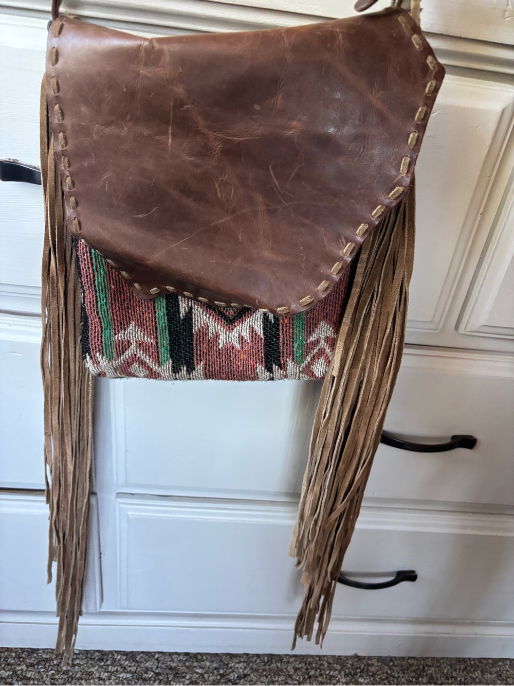 Myra Bag Brown Leather Fringe Crossbody with Aztec Textile - Picture 7 of 9